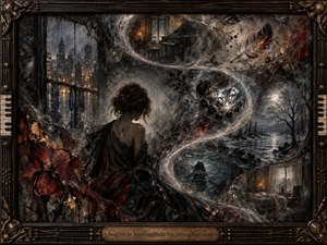 A solitary woman sits within a dark, dreamlike world where a luminous S-curve threads through fractured memories of a piano, city lights, winter water, black trees, feathers, and a crystalline diamond. Smoky grays, deep reds, and bronze highlights create a brooding, introspective atmosphere within an ornate piano-inspired frame.