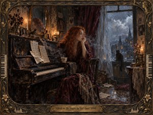 A red-haired woman sits beside a worn piano in a candlelit room, gazing toward a rain-streaked window and distant city rooftops. Deep burgundy, black, bronze, and stormy blue create a melancholic mood, while drifting smoke, scattered music pages, flowers, and antique details enrich the painterly, dreamlike atmosphere.
