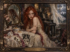 A red-haired woman sits tensely in a shadowed Victorian music room beside an upright piano, cracked mirror, scattered photographs, pearls, flowers, and a cereal bowl. Storm light filters through lace curtains, mixing cool gray blues with warm bronze and burgundy. Painterly textures create a haunted, introspective, richly symbolic atmosphere.