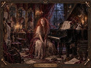 A red-haired woman sits beside a grand piano in a candlelit Gothic room, surrounded by cracked mirrors, wilted roses, scattered music, and storm-dark windows. Deep burgundy, black, and bronze tones create a haunted, introspective mood, while ornate framing, reflective surfaces, and rich painterly textures suggest memory, obsession, and emotional unraveling.
