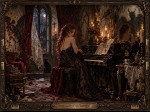 A red-haired woman sits beside an ornate black piano in a decaying Gothic chamber, surrounded by candles, roses, carved stone, and moonlit windows. Deep burgundy, bronze, and shadowy black create a sensual, haunted mood, while a horned reflection in the mirror adds psychological tension and dark symbolic mystery.