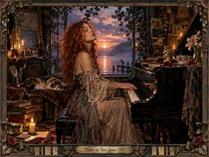 A red-haired pianist sits at a grand piano in a candlelit, ivy-framed studio overlooking a glowing sunset lake and distant mountains. Warm amber light, deep shadows, vintage books, flowers, teacups, scattered papers, and a sleeping cat create an intimate, dreamlike mood within an ornate handcrafted musical frame.