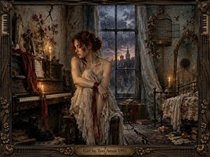 A solitary young woman sits beside a worn piano in a candlelit Victorian room, surrounded by rain-dark windows, faded flowers, an empty birdcage, scattered books, and a watchful black cat. Muted blue, bronze, and crimson tones deepen the melancholic mood, while painterly textures and warm highlights suggest introspection, confinement, and fragile independence.