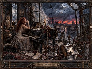 A red-haired woman sits at a battered grand piano inside a shattered gothic room overlooking a storm-dark city. Candles, torn music sheets, dead roses, broken furniture, and circling birds intensify the haunted mood. Fiery sunset light clashes with blue-gray clouds, creating a dramatic, richly textured romantic painting.