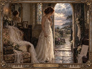 A contemplative bride stands at a chapel doorway, her ivory gown glowing against weathered stone, dark wood, flowers, and stained glass. Beyond her, a stormy coastal sunset opens toward the sea, balancing hesitation with hope. Warm gold, muted blue, and soft rose tones create a nostalgic, painterly atmosphere.