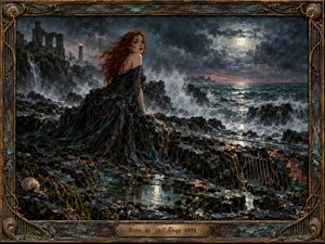 A red-haired woman in a dark flowing gown sits among jagged moonlit rocks beside a stormy sea. Waves crash beneath brooding clouds while a distant lighthouse and ruined arches rise through mist. Rich oil-painted textures, bronze highlights, cold blue-green water, and an ornate weathered frame create a haunting romantic atmosphere.