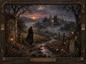 A solitary woman stands beside a weathered mission path at dusk, surrounded by roses, gravestones, tangled trees, and drifting mist. A distant chapel glows beneath a fading amber sky, creating a solemn, mysterious mood. Rich oil textures, muted earth tones, lantern light, and an ornate dark frame deepen the haunting atmosphere.