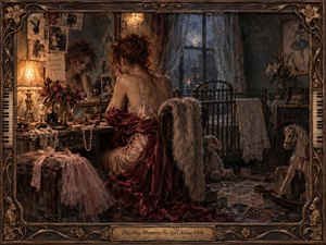 A solitary red-haired woman sits before a crowded vanity in a dim vintage nursery, surrounded by faded photographs, pearls, flowers, toys, and an empty iron bed. Warm amber lamplight contrasts with cold moonlight beyond lace curtains, creating a mournful, intimate atmosphere within richly textured, painterly detail and ornate bronze framing.