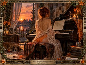 A red-haired pianist sits at a weathered grand piano in a candlelit bohemian room overlooking a glowing sunset cityscape. Warm orange, amber, cream, and black tones create an intimate, reflective mood. Lace fabric, flowers, books, a black cat, sleeping dog, and ornate musical frame enrich the handcrafted, cinematic composition.