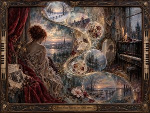 A red-haired woman sits beside a weathered piano in a decaying candlelit room as translucent memory bubbles follow a glowing S-curve through winter fields, distant houses, flowers, and fading cityscapes. Muted blue, burgundy, gold, and gray tones create a reflective, melancholy atmosphere in richly textured painterly detail.