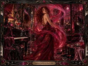 A red haired woman swirls through a smoky crimson lounge, wrapped in flowing raspberry silk beside a glossy piano. Mirrors, candles, roses, and a moonlit city skyline deepen the sensual mood. Rich magenta and black tones, dramatic lighting, and an ornate jeweled frame create a lush, theatrical, handcrafted fantasy.