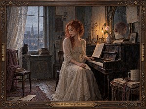 A red-haired woman sits quietly beside a worn upright piano in a rain-darkened room, surrounded by lace curtains, scattered papers, books, and fading flowers. Cool blue window light contrasts with warm amber lamplight, creating a reflective, intimate mood. Ornate framing and painterly textures deepen the sense of memory and solitude.