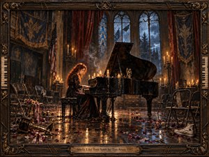 A solitary red-haired pianist performs at a black grand piano inside a decaying candlelit chapel. Broken stained glass, worn curtains, scattered roses, folding chairs, and reflective wooden floors create a haunted, intimate atmosphere. Warm amber flames contrast with stormy blue windows, blending gothic realism with melancholic, handcrafted detail.