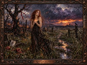 A red-haired woman stands in a rain-soaked, fire-scarred field beneath turbulent violet clouds, clutching a glowing ember at her chest. Charred trees, wet grasses, pomegranates, distant ruins, and scattered sparks create a haunted, resilient mood. Rich oil-paint textures, dramatic sunset light, and an ornate dark wood frame deepen the atmosphere.