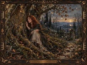 A red-haired woman rests against an ancient tree in a twilight garden, surrounded by mossy roots, fallen leaves, stone paths, and distant hills. Warm amber light meets cool blue dusk, creating a reflective, mournful mood. Intricate painterly textures, carved wood, bronze ornament, and autumn details enrich the handcrafted scene.