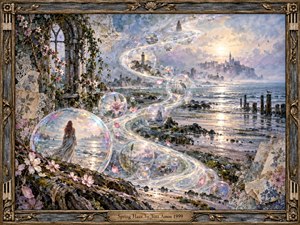 A dreamlike coastal scene unfolds beneath luminous spring mist, where a flowing S-curve of glowing water and translucent bubbles carries fragments of memory toward a distant castle. Soft pink blossoms, weathered ruins, reflective surf, and pale gold sunlight create a wistful, ethereal mood within an ornate handcrafted bronze and wood frame.