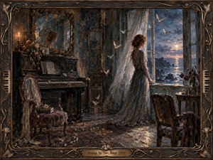 A solitary woman in a weathered moonlit room stands beside an open window overlooking a restless sea. Faded blue, bronze, and charcoal tones create a haunted, reflective mood. An antique piano, drifting birds, wilted flowers, cracked mirrors, scattered pearls, and ornate framing deepen the dreamlike, melancholic oil-painted atmosphere.