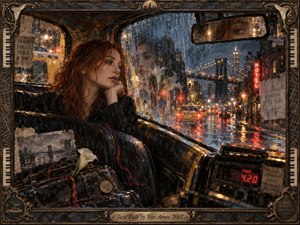 A red-haired woman sits alone in a rain-darkened taxi, gazing through wet windows at glowing New York streets and bridge lights. Warm amber reflections contrast with cool blue shadows, creating a weary, introspective mood. Ornate piano-key framing, lilies, worn luggage, and painterly textures deepen the sense of memory and solitude.