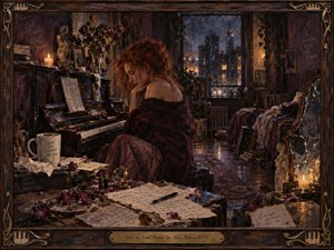A red-haired woman sits beside a worn piano in a rain-darkened apartment, surrounded by wilted roses, scattered letters, candles, and fractured reflections. Warm amber light contrasts with the cool blue city beyond the window, creating a melancholy, intimate mood. Rich painterly textures and ornate framing deepen the sense of memory and emotional distance.