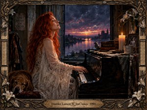 A red-haired woman plays a weathered piano beside an open window overlooking a stormy river city at sunset. Warm candlelight contrasts with cool violet skies, while lilies, old books, framed memories, and a sleeping dog deepen the reflective mood. Ornate antique musical framing completes the richly detailed, cinematic composition.
