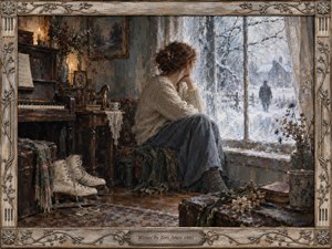 A solitary woman sits beside a frost-covered window in a warmly shadowed room, gazing toward a distant figure crossing the snowy landscape. Muted blues, ivory, and amber light create a wistful, reflective mood. A weathered piano, skates, dried flowers, and ornate winter frame enrich the textured painterly scene.