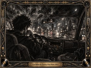 A solitary driver sits in a rain-soaked car at night, surrounded by shadowy charcoal textures and a distant glowing city skyline. The empty radio slot and tangled ghostlike forms suggest restless thoughts and isolation. Black, gray, bronze, and amber tones create a brooding atmosphere, framed by intricate musical and mechanical details.