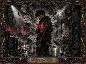 A solitary young man stands on a rain-slicked ruined stage, clutching a glowing crimson target over his chest. Deep charcoal textures, torn sheet music, drifting black feathers, cables, speakers, and industrial ruins create a tense, introspective mood. Stark white spotlights and red accents punctuate the smoky monochrome composition.