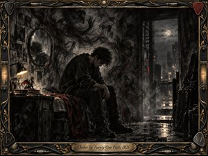 A solitary young man sits hunched in a shadowy, decaying room overlooking a rain-soaked city beneath a pale moon. Deep charcoal textures, smoky grays, blackened walls, and restrained red accents create an anxious, introspective mood. Warm lamplight contrasts with cold night reflections, while an ornate music-inspired frame adds intricate metallic detail.