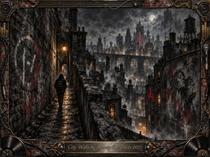 A lone hooded figure walks along rain-slicked stone walls overlooking a vast, oppressive city of gothic towers and glowing windows. Deep charcoal blacks, smoky grays, muted amber light, and sharp red markings create a brooding atmosphere. Textured painterly detail, fog, moonlight, brickwork, cables, records, and metallic framing intensify the urban isolation.
