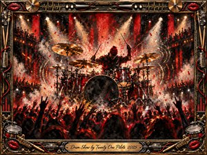 A commanding drummer explodes at center stage beneath blazing spotlights, surrounded by shimmering cymbals, swirling sound-wave rings, confetti, and raised crowd silhouettes. Fiery reds, black shadows, bronze, and gold create a charged concert atmosphere. Thick expressive paint textures energize the scene, while an ornate music-themed frame completes the dramatic composition.