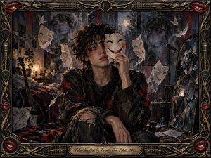 A solitary young figure sits in a shadowy, cluttered room, holding a torn smiling mask beside a weary face as fractured reflections surround them. Deep blacks, muted blues, crimson accents, and warm lamplight create a tense, introspective mood. Rich painterly textures, guitars, microphones, red lips, and ornate metallic framing heighten the theatrical unease.