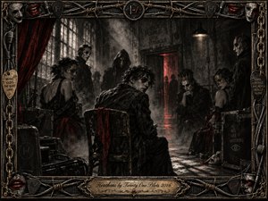 A shadowy gathering of masked, uneasy figures occupies a decaying room filled with smoke and fractured light. Deep charcoal blacks, tarnished bronze, and sharp crimson accents create a tense, secretive mood. Gothic textures, distressed surfaces, chains, microphones, guitar picks, and barbed wire frame the scene, while an engraved title plate anchors the composition.