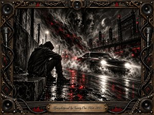 A brooding figure sits beside a rain-slicked urban road as a black muscle car surges through smoke and reflected red light. Charcoal-black skies form ghostly faces above an industrial skyline and pale moon. Dramatic monochrome textures, crimson accents, harsh headlights, ornate musical framing, and engraved title plate create tense, haunted energy.