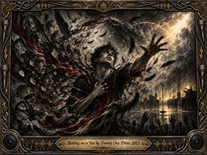 A distressed figure reaches toward golden light while clutching his chest amid a storm of charcoal feathers, fragmented faces, and crimson streaks. A distant stage, microphone, skyline, and raised hands deepen the dramatic setting. Rich black, gray, red, and antique gold tones create a raw, turbulent, hopeful atmosphere within an ornate music-themed frame.