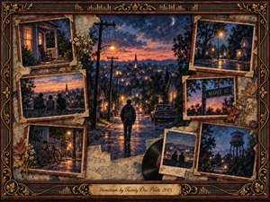 A solitary figure walks through a glowing hometown at twilight, surrounded by framed fragments of fading memories: quiet porches, wet streets, bicycles, friends, and familiar landmarks. Deep blues, amber lights, and sunset orange create a nostalgic mood, while painterly textures, aged paper, rosewood frames, and musical details suggest memory, belonging, and distance.