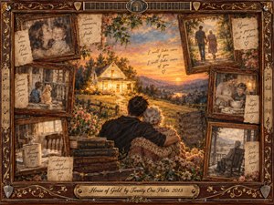 SongData_HouseOfGold_TwentyOnePilots_2013 A warm, nostalgic collage centers on a glowing country house at sunset, where a son embraces his elderly mother. Vintage rosewood frames surround faded family memories, handwritten notes, flowers, and keepsakes. Golden amber, sepia, dusty rose, and soft blue tones create a tender, bittersweet mood in richly textured painterly style.