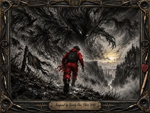A lone figure in a vivid red jumpsuit climbs through a storm-darkened ravine beneath a vast, clawing charcoal sky. Distant gothic cliffs and a pale horizon create tension and isolation. Deep blacks, smoky grays, and muted gold frame the scene, while speakers, cables, picks, and an engraved title plate add rugged musical detail.