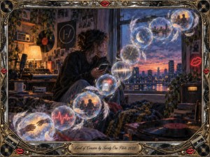 A thoughtful young adult sits in a cozy music-filled apartment at dusk, holding a phone beside a glowing city window. Feathered bubbles sweep upward in an S-curve, carrying symbols of connection, time, sound, and memory. Warm amber light contrasts with blue-violet shadows, while ornate gold-and-chrome musical framing adds nostalgic, painterly richness.
