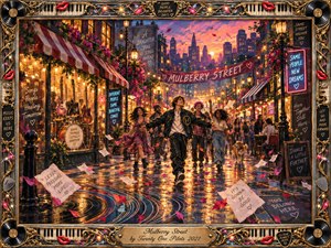 A joyful crowd dances along a glowing city street at dusk, surrounded by cafes, flowers, string lights, and musical storefronts. Warm amber, magenta, teal, and violet reflections shimmer across wet pavement. Painterly acrylic and gouache textures create a hopeful, dreamlike atmosphere, framed by ornate gold, chrome, records, piano keys, and red lips.