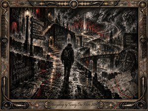 A lone traveler crosses a fractured nighttime maze of bridges, roads, and shadowed city ruins, guided by glowing paths and compass imagery. Deep feathered charcoal textures create a restless, introspective mood, accented by ember red, muted gold, and silver highlights. An ornate musical frame and engraved title plate complete the cinematic composition.