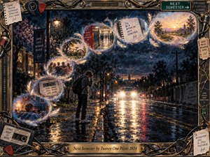A solitary young figure stands on a rain-slicked nighttime street as glowing feather-edged memories sweep upward in an S-curve toward sunrise. Deep blues, charcoal, amber, and gold create an anxious yet hopeful mood. Painterly textures, reflective headlights, school memories, handwritten notes, and an ornate music-themed frame suggest change, survival, and renewal.
