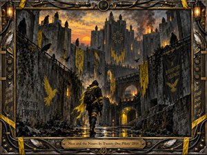 A lone hooded figure wrapped in vivid yellow bands walks through a crumbling fortress city beneath watchful shadowed sentinels. Smoky charcoal grays, black stone, and glowing amber light create a tense, rebellious mood. Yellow banners, ravens, wet reflections, industrial cables, and an ornate metallic frame intensify the dramatic painted atmosphere.
