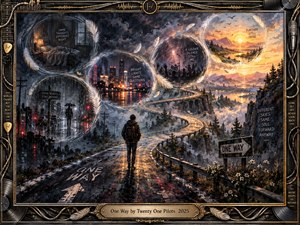 A lone traveler walks a rain-darkened one-way road winding in an S-curve toward a glowing mountain sunrise. Feathered memory bubbles reveal a bedroom, neon city, concert crowd, and brighter horizon. Moody charcoal blues contrast with warm golds and oranges, while an ornate music-themed chrome-and-gold frame surrounds the painterly scene.