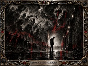 A solitary figure stands beneath a cavernous industrial tunnel, surrounded by looming shadowy forms and restless crowds. Deep charcoal textures dominate, slashed with vivid crimson energy and wet reflections. Harsh white backlighting creates a tense, haunted atmosphere, while the ornate metallic frame blends wires, speakers, barbed details, and red lips.