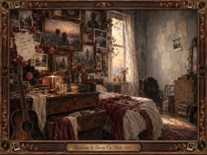 A dim, nostalgic bedroom glows with warm sunset light, filled with faded photographs, rosewood frames, scattered books, vinyl records, and an acoustic guitar. Rich burgundy, amber, cream, and charcoal tones create a reflective, melancholic mood. Painterly textures, worn walls, soft shadows, and personal keepsakes suggest memory, absence, and quiet transformation.
