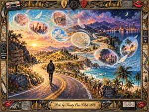A lone traveler follows a glowing coastal highway through a dreamlike landscape shifting from golden sunset to violet night. Feathered memory bubbles curve overhead in an S-shaped trail, holding crowds, radios, maps, and distant cities. Rich painterly textures, luminous skies, turquoise water, and an ornate music-themed frame create hopeful introspection.