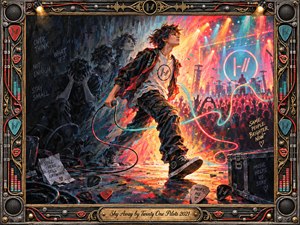 A young performer strides from deep charcoal shadows into a blazing concert stage, leaving ghostlike echoes of doubt behind. Neon reds, oranges, teals, and golds explode around cheering silhouettes and looping microphone cables. Textured acrylic brushwork, dramatic spotlights, scattered guitar picks, musical symbols, and an ornate chrome-gold frame create an energetic, triumphant atmosphere.