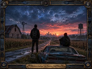 Two solitary figures and a weathered blue car overlook a rain-slicked rural road leading toward a distant city at sunset. Indigo storm clouds, glowing orange light, celestial moons, fields, a windmill, and water tower create a restless, nostalgic mood. Intricate brass-and-blue metal framing gives the cinematic digital painting handcrafted depth.