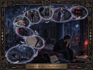 A solitary young man sits awake in a shadowy bedroom overlooking a moonlit city, surrounded by feathered memory bubbles tracing repeated nighttime routines in an S-curve. Deep indigo, charcoal, and muted purple tones contrast with red-orange lights. Painterly gouache textures, headphones, clocks, notes, and an ornate music-themed frame heighten the restless, introspective mood.