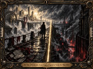 A solitary figure stands on a rain-darkened bridge divided by a glowing golden line, separating a luminous gothic city from a smoky industrial underworld. Deep charcoal textures, muted grays, pale gold, and ember red create a haunting mood, framed by ornate steampunk metalwork, musical details, and an engraved title plate.
